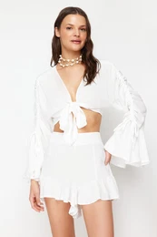 Ecru Woven Ruffle Blouse Shorts Beach Set