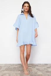 Blue Mini Woven Ruffle Beach Dress
