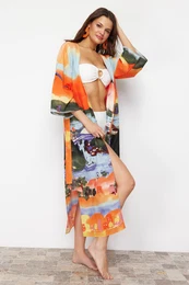 Landscape Patterned Belted Maxi Woven Beach Kimono&Caftan