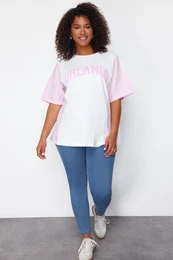 Curve Pink Striped Printed Oversize 100% Cotton Knitted T-shirt