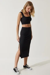 Happiness stanbul Women's Black Strappy Crop Pencil Skirt Knitted Set