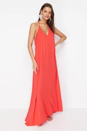 Red Maxi Woven Backless Beach Dress