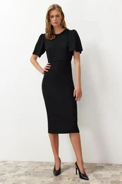 Black A-Line Midi Pencil Skirt Woven Dress with Pleat Detail on the Sleeve
