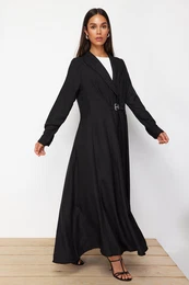 Black Linen Look Woven Dress with Belt Detail on the Front