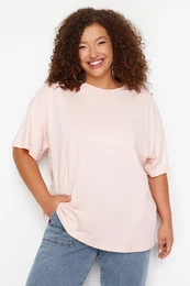 Curve Light Pink 100% Cotton Back Printed Wide Comfort Fit Crew Neck Knitted T-Shirt