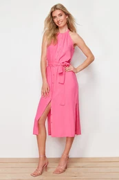 Fuchsia Belted Prevailing Collar Midi Woven Shirt Dress