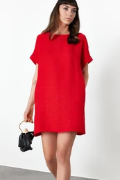 Red Straight Cut Mini Woven Dress
