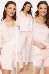 Pink 5-Piece Belted Ribbon/Bow Tied Ribbon Shorts and Knitted Dressing Gown Pajama Set