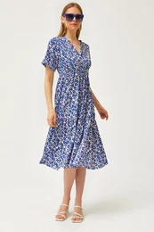 Women's Daisy Saks Blue Elastic Waist Double Breasted Collar Patterned Dress
