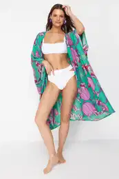 Tropical Patterned Belted Maxi Woven Beach Kimono & Caftan