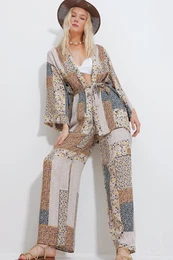 Trend Alaat Stili Women's Beige Black Kimono Jacket And Palazzo Pants Set