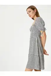 Balloon Sleeve Dress Mini Size Square Neck Short Sleeve Bow Detailed