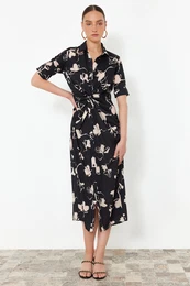 Black Gather Detailed Midi Woven Shirt Dress