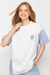 Ecru Oversize/Wide Pattern Poplin Detailed Printed Knitted T-Shirt