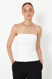Ecru Strapless Fitted Draped Woven Blouse