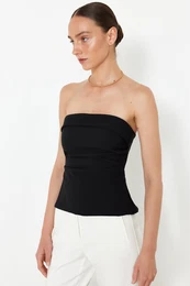 Black Strapless Fitted Draped Woven Blouse