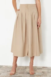 Beige Pleated Detailed Front Buttoned Midi Length Woven Skirt
