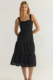 Black Waist Opening Midi Embroidered Lined Woven Dress