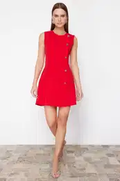 Red Straight Cut Button Detailed Crew Neck Mini Woven Dress