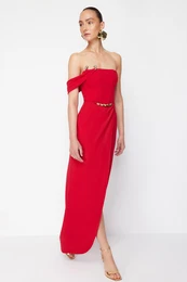 X Zeynep Tosun Red Wrap Knitted Long Evening Dress & Graduation Dress with Accessory Detail