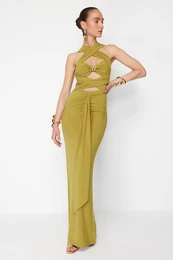 X Zeynep Tosun Oil Green Cut Out Knitted Tie Detailed Evening Dress & Graduation Dress