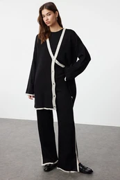 Black Striped Oversize Knitwear Cardigan Trousers Top and Bottom Set