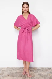 Fuchsia Tie Detailed A-Line V-Neck Midi Woven Dress