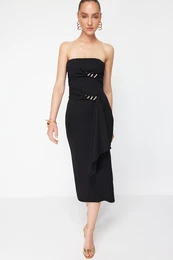X Zeynep Tosun Black Knitted Snake Accessory Detailed Elegant Evening Dress