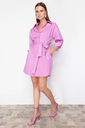Fuchsia Belted 100% Cotton Mini Woven Shirt Dress