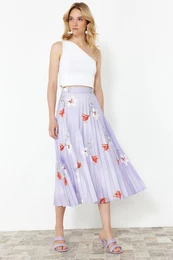 Lilac Flower Patterned Pleated Satin Fabric Maxi Length Woven Skirt