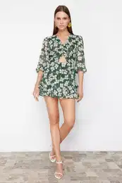 Green Floral Patterned Cut Out Detailed Mini Lined Chiffon Woven Jumpsuit