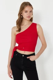 Red One-Shoulder Fitted Blouse with Tie Detail