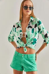 Women's Sleeve Fold Patterned Viscose Shirt