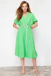 Green Straight A-line Double Breasted Collar Balloon Sleeve Belt Detailed Lily Maxi Woven Dress
