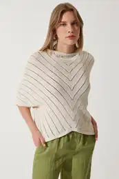Happiness stanbul Women's Cream Openwork Bat Knitwear Blouse