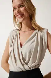 Happiness stanbul Women's Beige Wrapover Neck Padded Snap-On Knitted Blouse