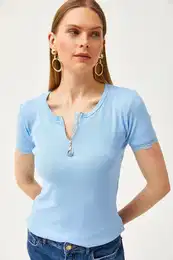 Women's Baby Blue Sleeve and Zipper Bottom Lace Lycra Cotton Blouse