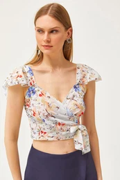 Women's Blue Floral Side Zipper Sleeve Detailed Mos Crepe Blouse