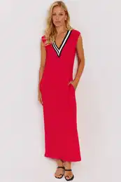 Women's Red V Neck Block Maxi Dress