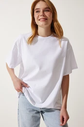 Happiness stanbul Women's White Basic Oversize Knitted T-Shirt