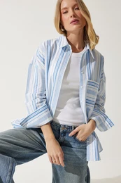 Happiness stanbul Women's White Blue Striped Cotton Oversize Shirt