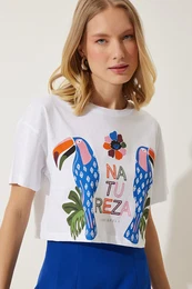 Happiness stanbul Women's White Printed Crop Knitted T-Shirt