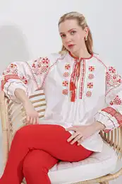 Women's White Orange Embroidered Linen Blouse 902