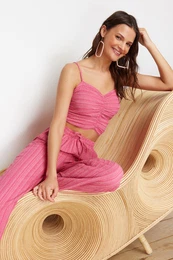 Fuchsia Woven Textured Blouse Trousers Beach Set