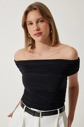 Happiness stanbul Women's Black Gathered Open Shoulder Sandy Blouse