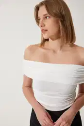 Happiness stanbul Women's White Gathered Open Shoulder Sandy Blouse
