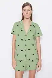 Green 100% Cotton Heart Shorts Knitted Pajama Set