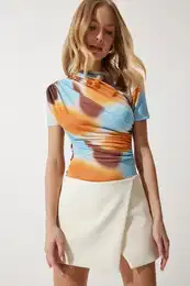 Happiness stanbul Women's Orange Patterned Gathered Sandy Blouse