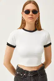 Women's White Color Striped Lycra Crop Ottoman Blouse