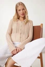 Happiness stanbul Women's Beige Light Transparent Polo Collar Summer Knitwear Cardigan